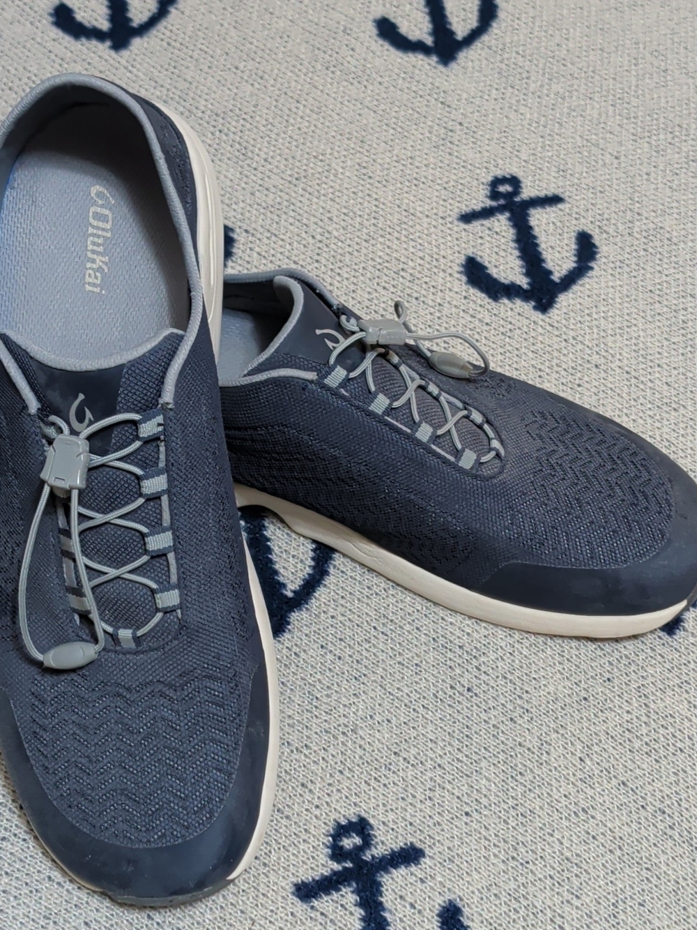 OluKai Men's Navy and Light Gray Slip-On Boat Shoes